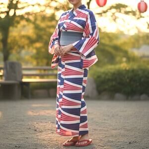 New Patriotic Yukata Set Red White Blue Summer Kimono w/ Obi Independence Day